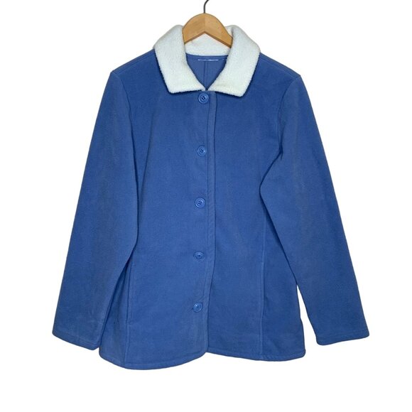QVC Jacket Coat Fleece Button Front Coneflower Blue Cream Pockets Women's Size L - Picture 1 of 6